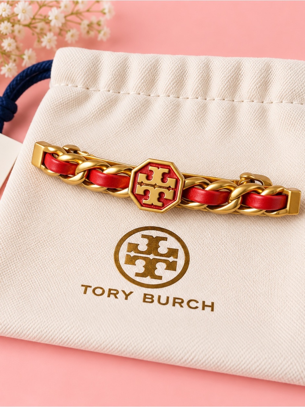 Tory Burch Red and Gold Logo Chain Hair Clip